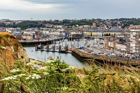 Harbour town with moored boats, colourful buildings and green plants under a cloudy sky, The