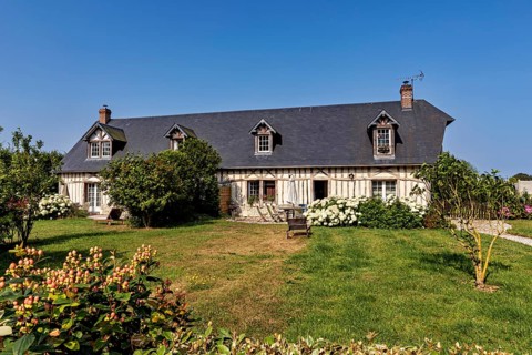 Half-timbered house in a rural setting with a green meadow and flowering plants under a bright sky,