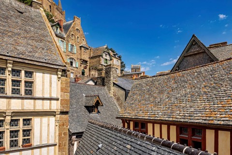 Varied roofs and half-timbered architecture in the foreground, with a historic castle in the