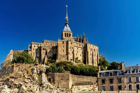 An impressive view of the Mont Saint-Michel castle complex on a clear day, Mont Saint Michel in