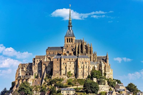 Close-up of the majestic architecture of Mont Saint-Michel in sunny weather, Mont Saint Michel in
