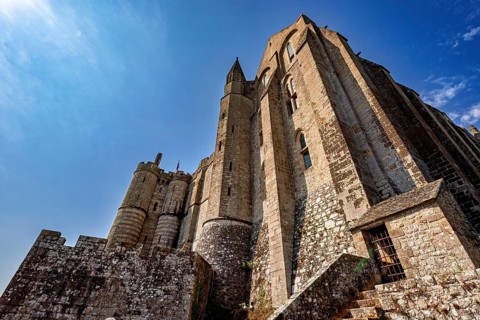 Close-up of the architecture of Mont Saint-Michel from a low perspective, Mont Saint Michel in