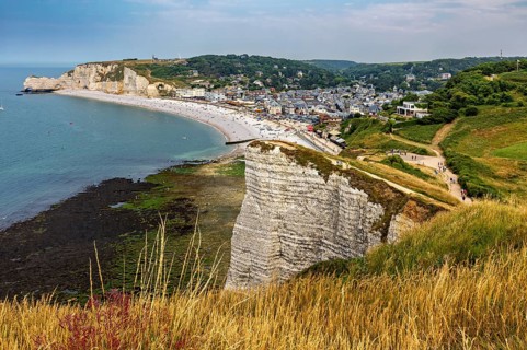 Landscape with high cliffs, meadows and a coastal town in the background, The cliffs and alabaster
