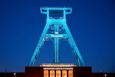 Illuminated headframe of the German Mining Museum at Extraschicht, Bochum, Ruhr area, North