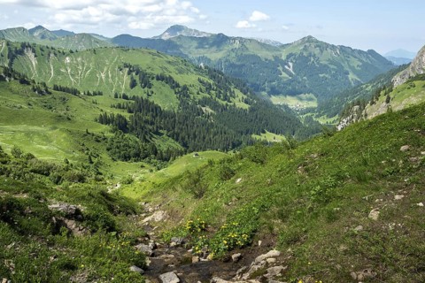 View from the hiking trail to the Hochalp Pass into Kleinwalsertal, behind Walmendinger Horn,