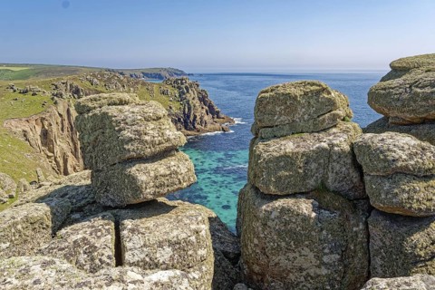 Rock formation off the west coast of England on the Atlantic Ocean. Land's End, the tip of the