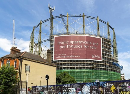 Construction project new apartments The Halo development inside Victorian gasometer, Oval Village