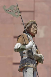 Sculpture of St George with lance, St George's Fountain, dragon slayer, detail, market fountain,
