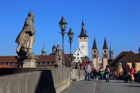 View over the Old Main Bridge to the Grafeneckart and St Kilian's Cathedral, Würzburg, Lower