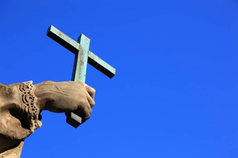 Detail of hand with cross, St John of Nepomuk on the Old Main Bridge, Würzburg, Lower Franconia,