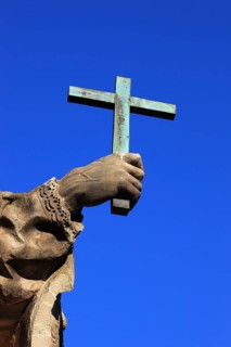Detail of hand with cross, St John of Nepomuk on the Old Main Bridge, Würzburg, Lower Franconia,