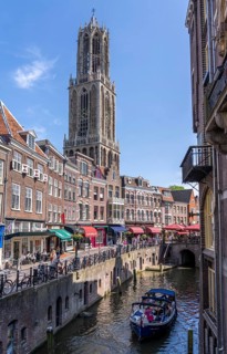 The old town centre of Utrecht, Oudegracht, around 2 km long with many old houses, cathedral tower,