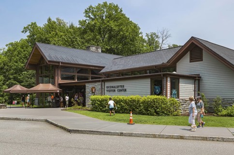 Exterior of the Oconaluftee Visitor Center at Great Smoky Mountains National Park near Cherokee,