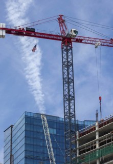 Detroit, Michigan - Construction of the 25-story JW Marriott Detroit Water Square hotel. The