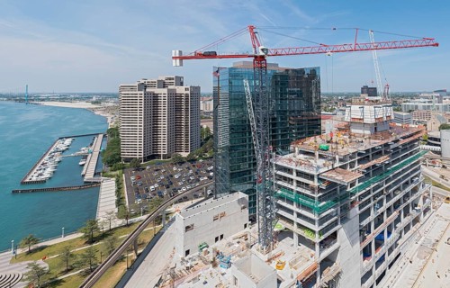 Detroit, Michigan - Construction of the 25-story JW Marriott Detroit Water Square hotel. The