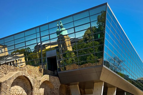 West side of the Darmstadtium congress centre with historic city wall in the centre of Darmstadt,