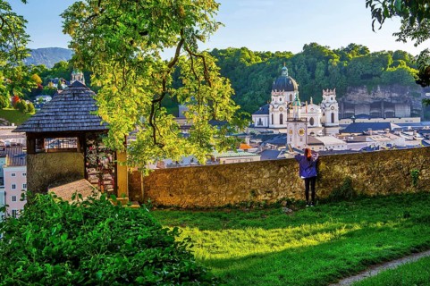 View from the Kapuzinerberg to the historic city centre with the Kollegienkirche, Salzburg,