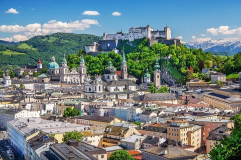 Panoramic view from the Mönchsberg with the churches of the old town and Hohensalzburg Fortress,