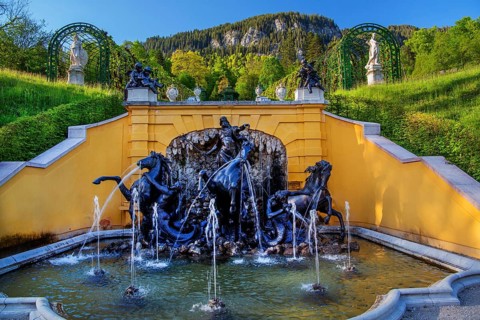 Neptune Fountain at Linderhof Castle in spring, municipality of Ettal, Ammergau Alps, Ammertal,