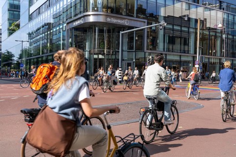 Central cycle path along the Vredenburg, in the city centre of Utrecht, lanes for pedestrians,