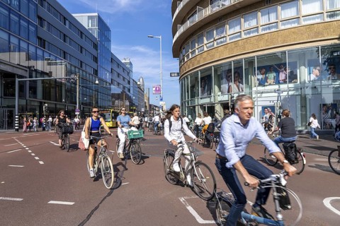 Central cycle path along the Vredenburg, in the city centre of Utrecht, lanes for pedestrians,