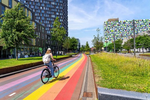Rainbow cycle path through the university campus in Utrecht Science Park, 570 metres long, Utrecht