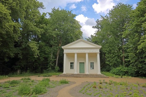 UNESCO Georgium, classical flower garden house with columns, temple, Dessau-Wörlitz Garden Kingdom,