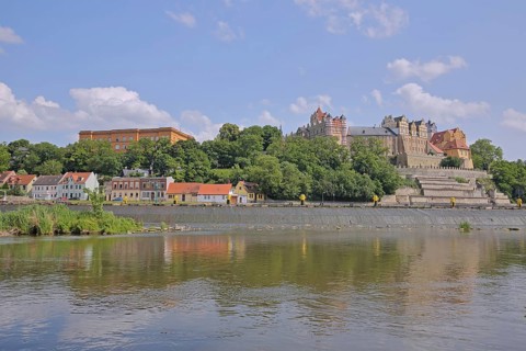 View of Carolinum Castle and Gymnasium with river Saale, Saale Valley, Renaissance, Landmark,