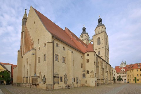Gothic UNESCO St Mary's Church with twin towers, town church, Luther city Wittenberg, Fläming,