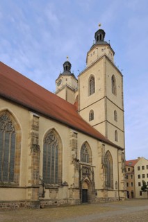 Gothic UNESCO St Mary's Church with twin towers, town church, Luther city Wittenberg, Fläming,