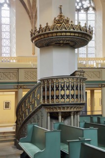 Pulpit with pulpit cover, UNESCO St. Mary's Church, interior view, pulpit bonnet, sounding board,