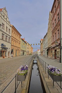 Historic pipe water in the Schlossstraße with flower decoration and houses, sewage, water pipe,