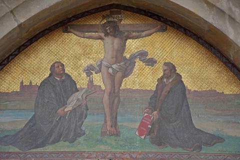 Detail of the theses door with inscription Martin Luther, wall mosaic, arts and crafts, church