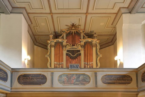 Organ of the baroque St Mary's Church, interior view, Gräfenhainichen, Saxony-Anhalt, Germany