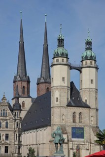 Late Gothic market church with twin towers, landmark, Handel monument, George Frideric Handel,