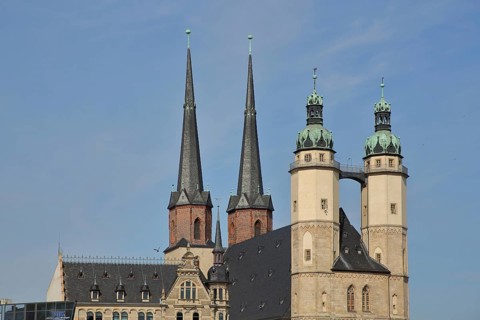Late Gothic market church with two twin towers, four, towers, landmark, market square, Halle an der