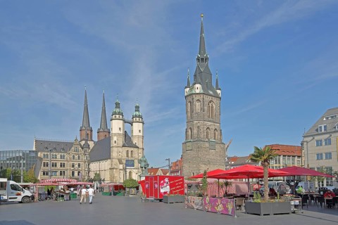 Market square with Red Tower and late Gothic market church with twin towers, landmark, people,