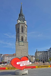 Red tower with heart and inscription, in love, in, love, heart-shaped, symbol, love, love,