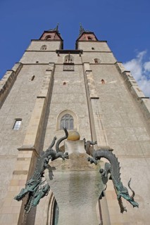 Late Gothic Market Church of Our Lady and Dragon Fountain, Renaissance, landmark, twin towers, view