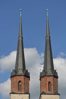 Twin towers of the late Gothic Market Church of Our Lady, Renaissance, landmark, Hallplatz, Halle