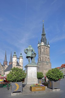 Market Square with Red Tower and Market Church with Twin Towers, Landmark, Handel Monument, Handel