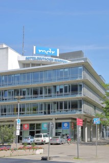 Modern building of the MDR, Mitteldeutscher Rundfunk, television station, roof, inscription, Halle