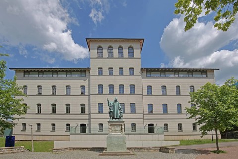 Montessori School with Francke Monument, August Hermann Francke, Halle an der Saale, Saxony-Anhalt,
