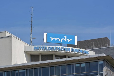 Modern building of the MDR, Mitteldeutscher Rundfunk, television station, roof, inscription, Halle