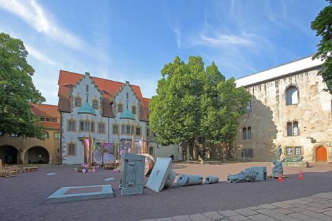 Art installation and sculptures in the inner courtyard of the art museum, Moritzburg, Halle an der