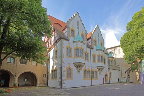 Inner courtyard of the historic Moritzburg built in 1484, building with oriel and stepped gableArt
