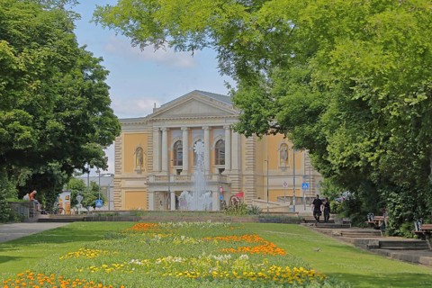 Opera house built in 1886 and Curie-Platz park with Fontane, theatre, Halle an der Saale,