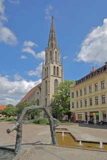 St Maximi's Church and Two Worlds Fountain by Bernd Göbel, Entenplan, Merseburg, Saxony-Anhalt,