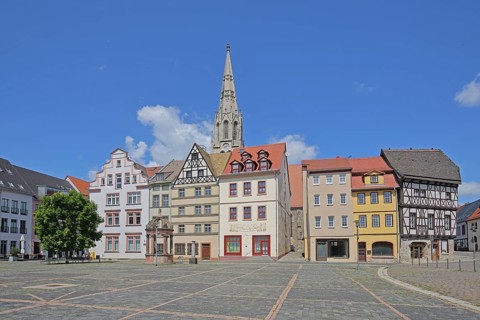 Market square with historic houses and steeple of St Maximi's Church, Merseburg, Saxony-Anhalt,