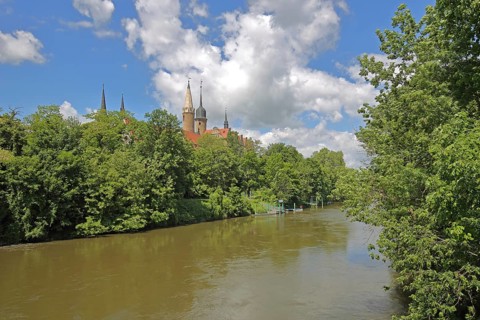 Saale river with cathedral and castle, Saale valley, Merseburg, Saxony-Anhalt, Germany